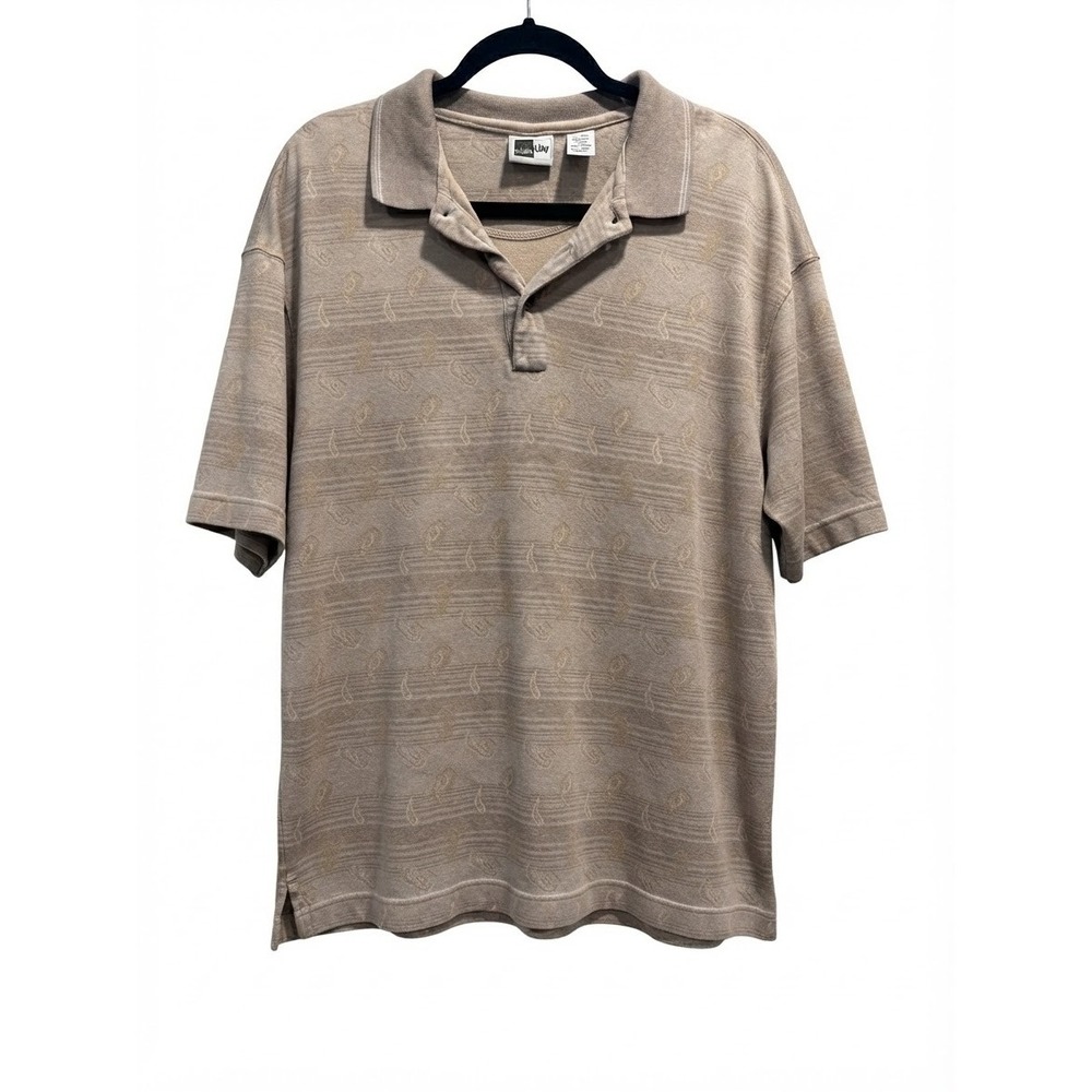Studio Alx Mens Large Tan Paisley Striped Polo Shirt Short Sleeve Cotton Vintage